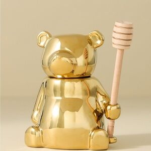 Anthropologie Metallic Honey Pot Stoneware Wood Dipper - Gold